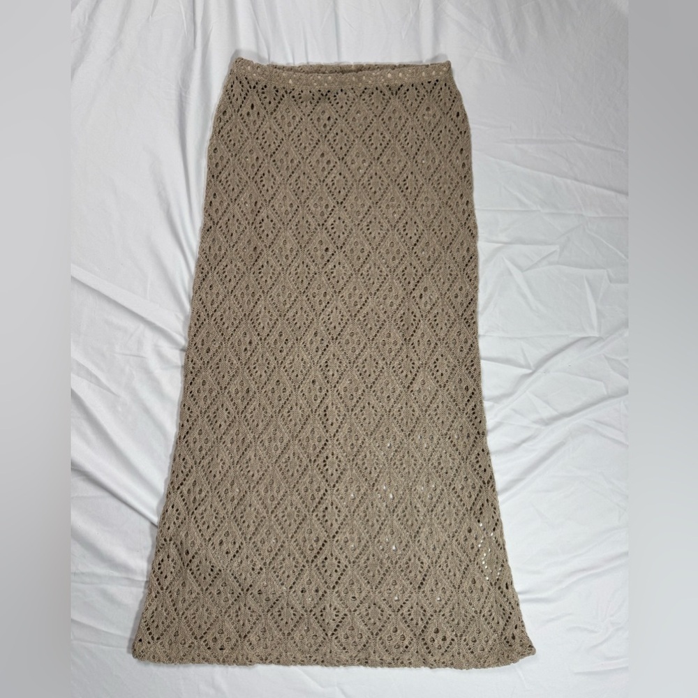 PrettyLittleThing Crochet Knit Maxi Skirt in Taupe